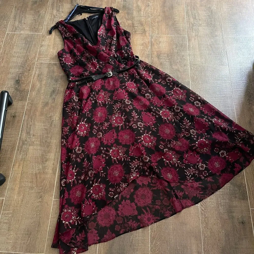 Tommy Hilfiger Women's Burgundy Floral Sleeveless Belted Midi Sheath Dress - Picture 4 of 11